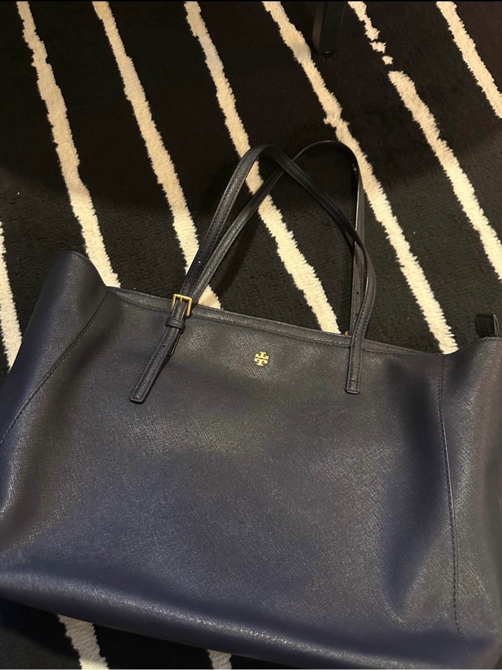 Tory Burch Navy Saffiano Leather Tote with Gold Logo